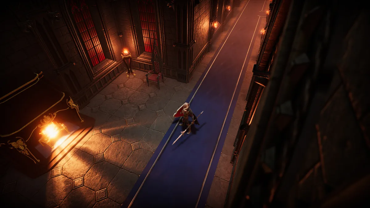 Official V Rising castle hallway screenshot used as visual reference