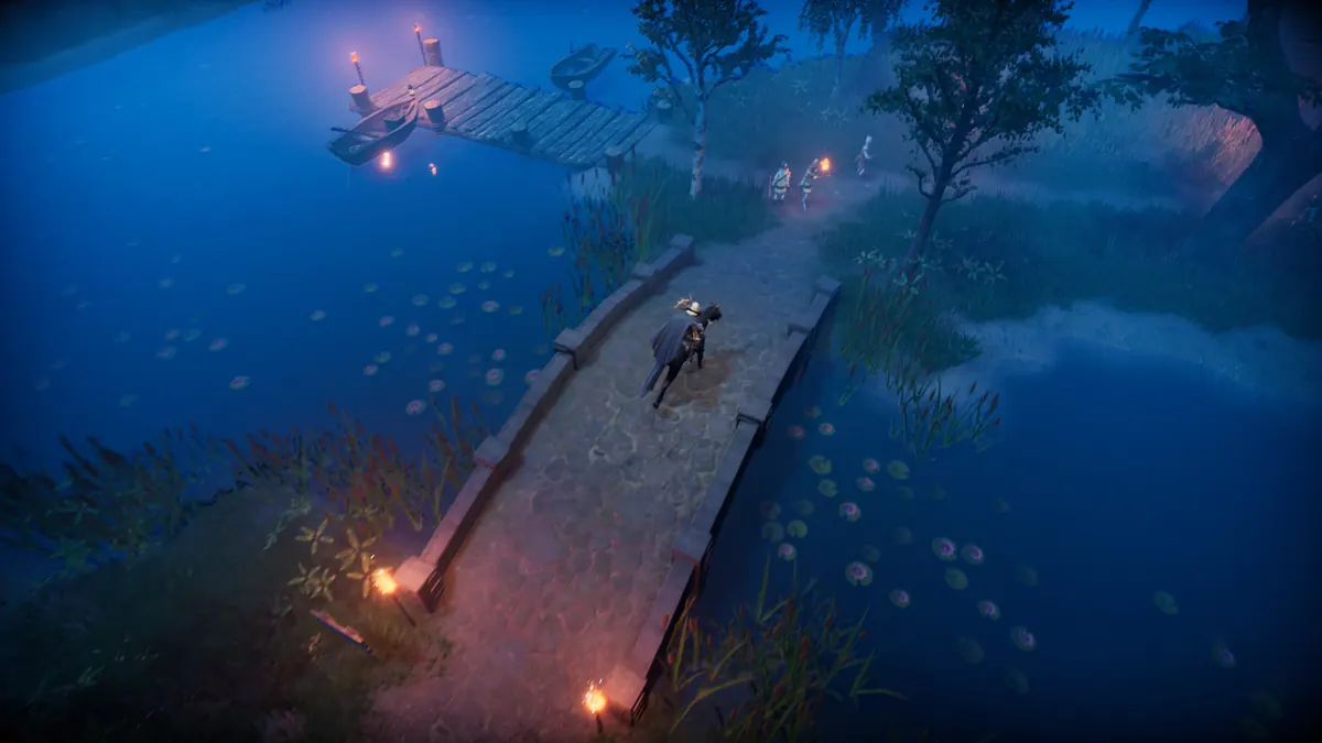 Official V Rising night bridge exploration screenshot used as visual reference